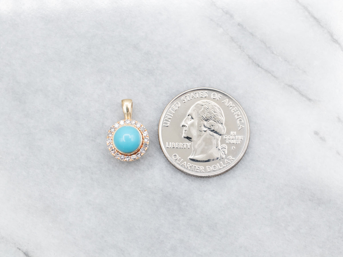 Yellow Gold Turquoise Pendant with Diamond Halo