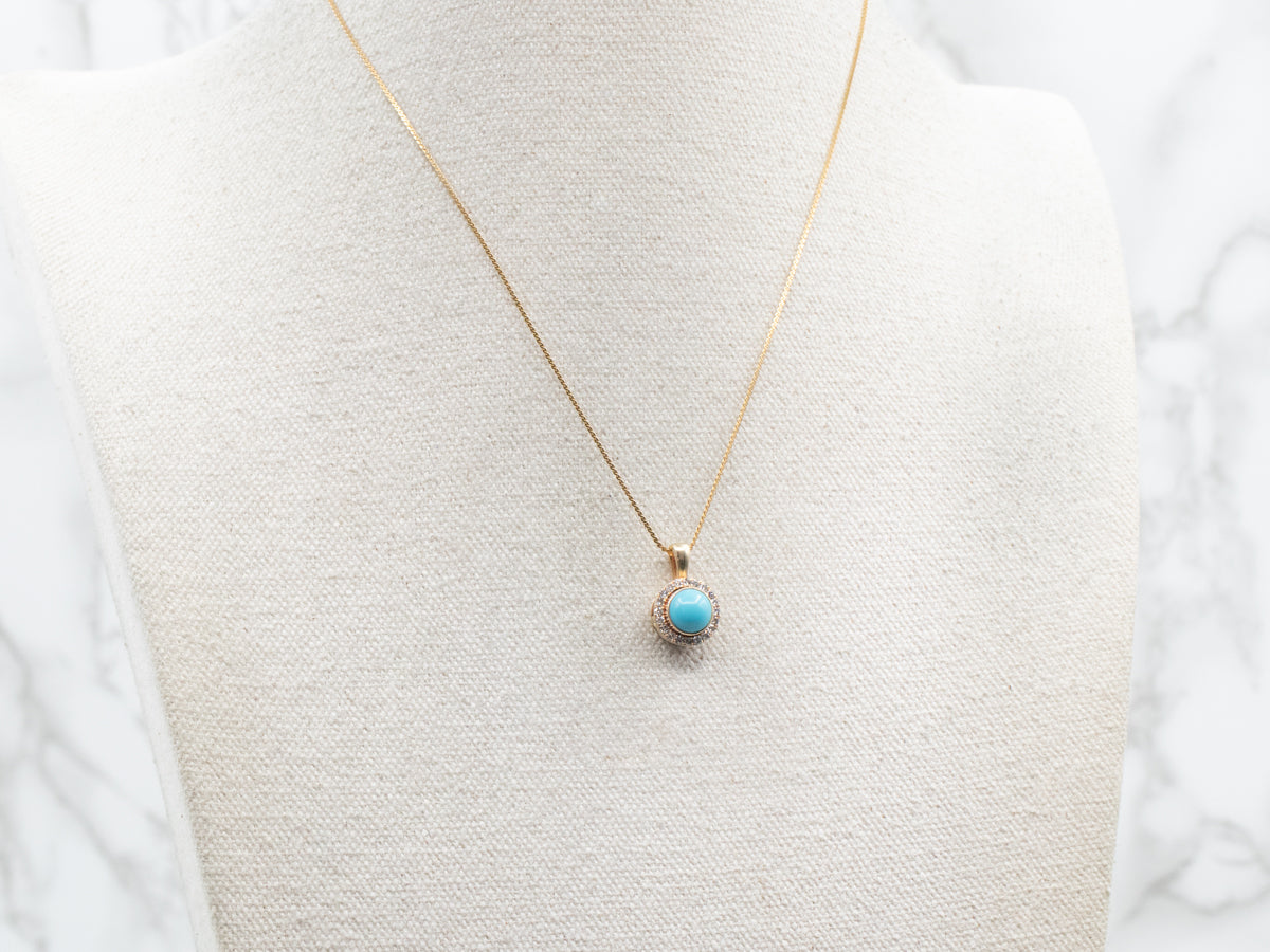 Yellow Gold Turquoise Pendant with Diamond Halo