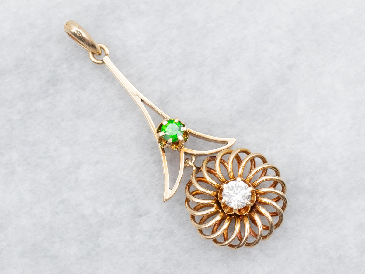 Yellow Gold Diamond and Green Garnet Lavalier Pendant