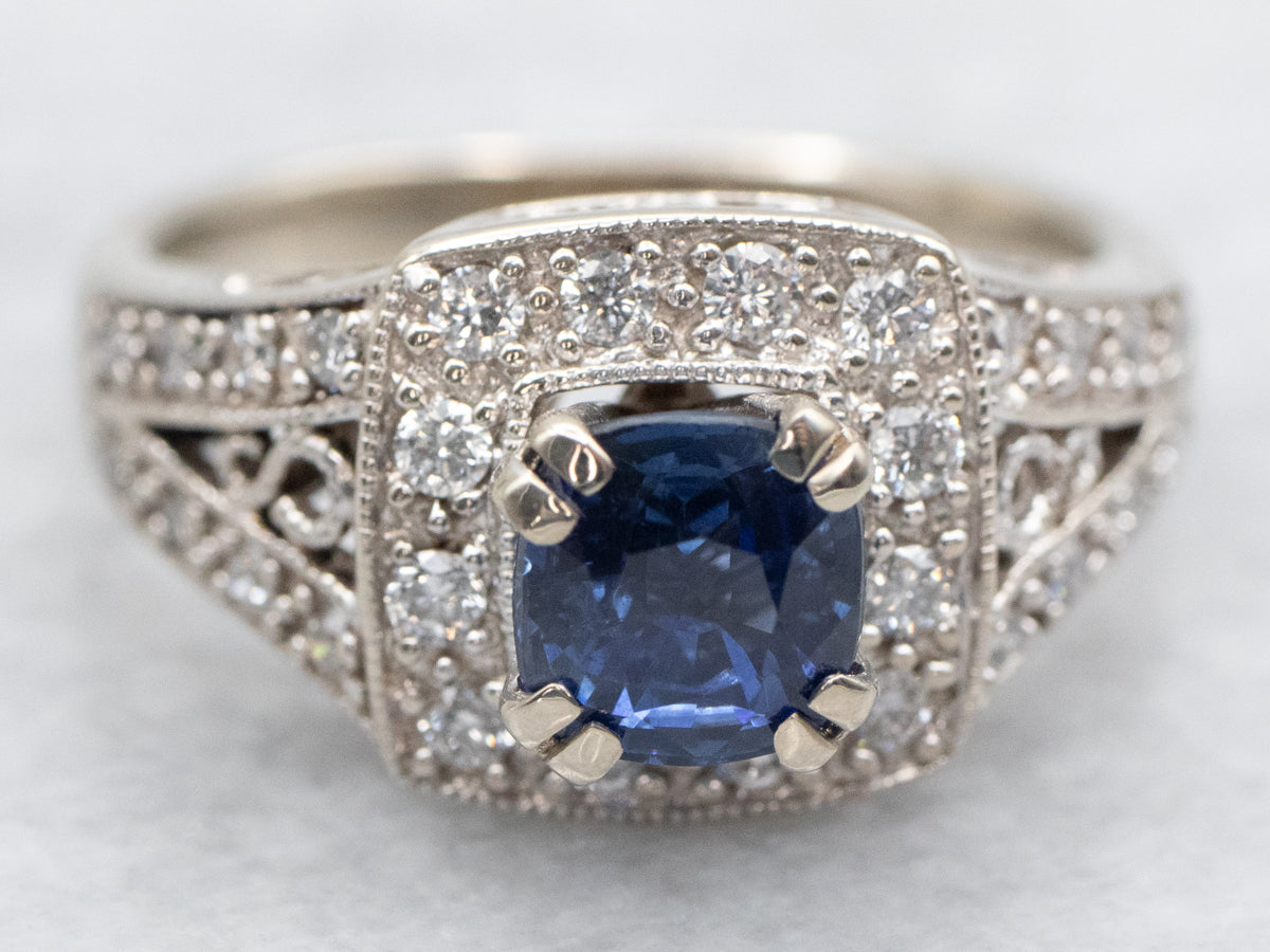 Modern White Gold Sapphire Engagement Ring with Diamond Halo