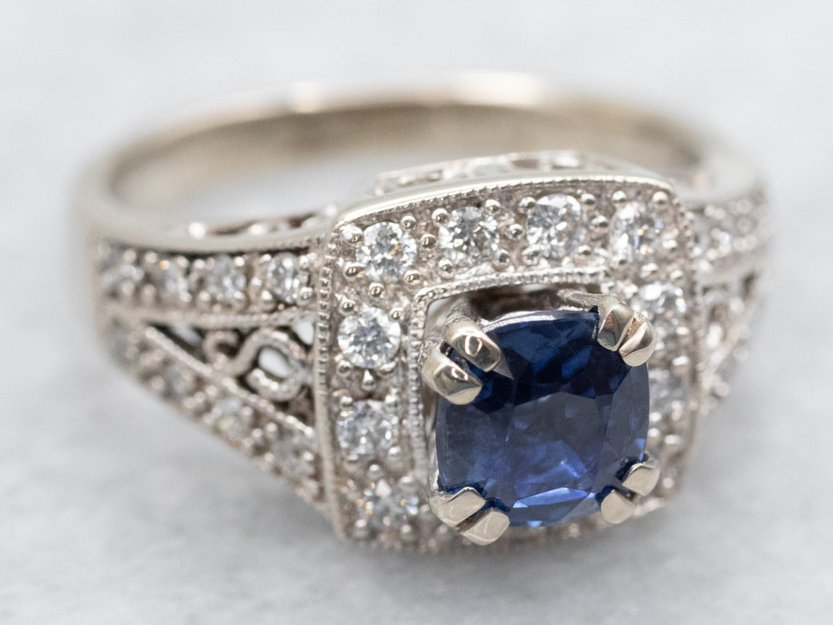 Modern White Gold Sapphire Engagement Ring with Diamond Halo