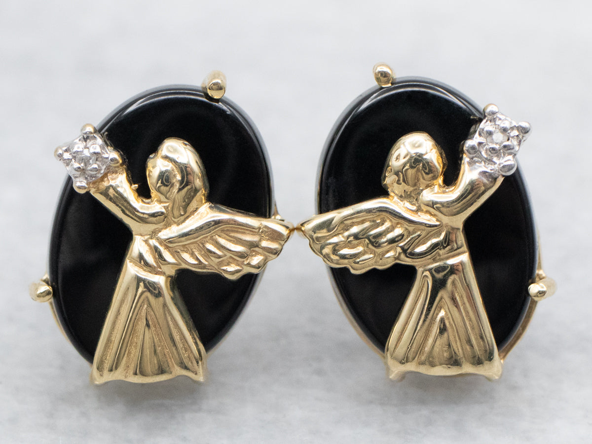 Yellow Gold Black Onyx and Diamond Stud Earrings with Angel