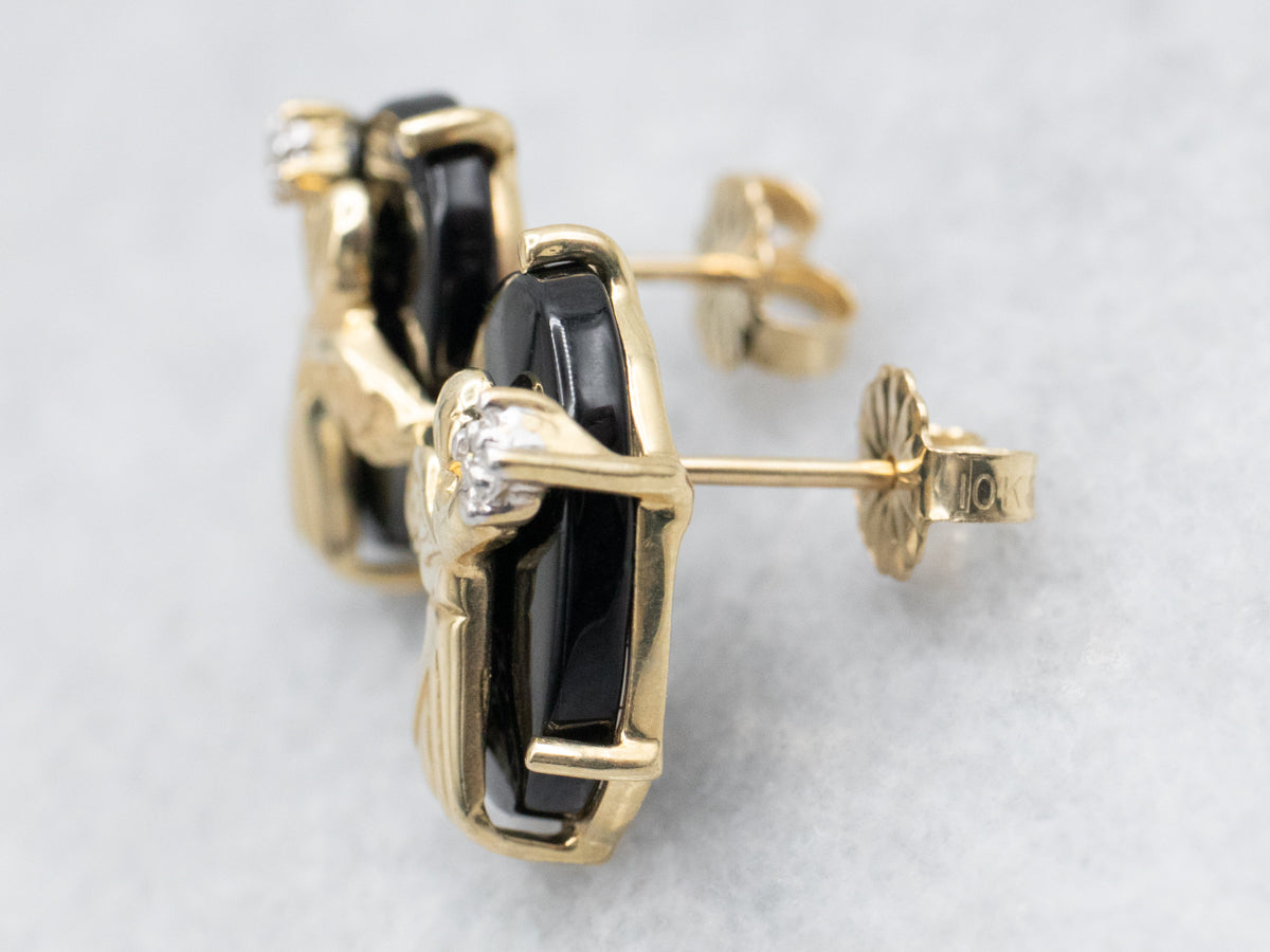 Pendientes Oro Amarillo con Ónix Negro y Diamantes con Ángel