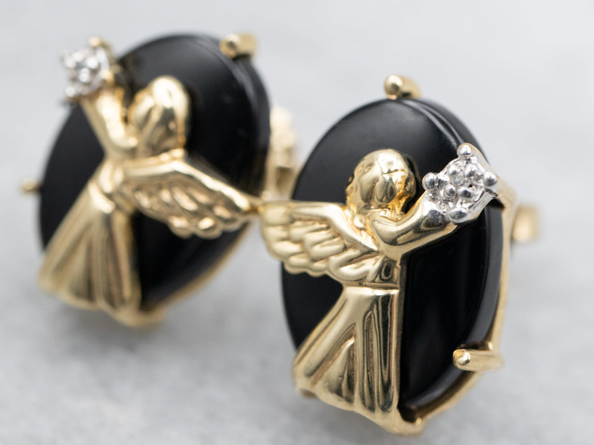 Pendientes Oro Amarillo con Ónix Negro y Diamantes con Ángel