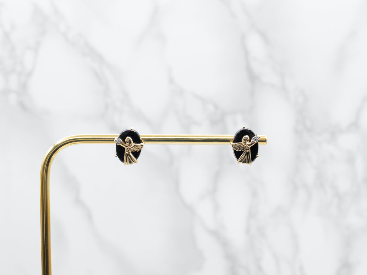 Pendientes Oro Amarillo con Ónix Negro y Diamantes con Ángel