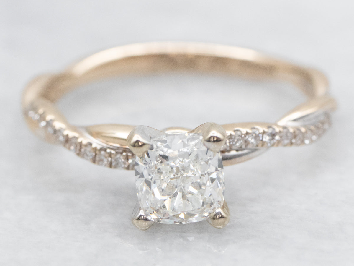 Cushion Cut Diamond Modern Engagement Ring with Twisted Shoulders