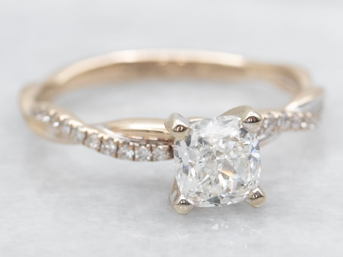 Cushion Cut Diamond Modern Engagement Ring with Twisted Shoulders