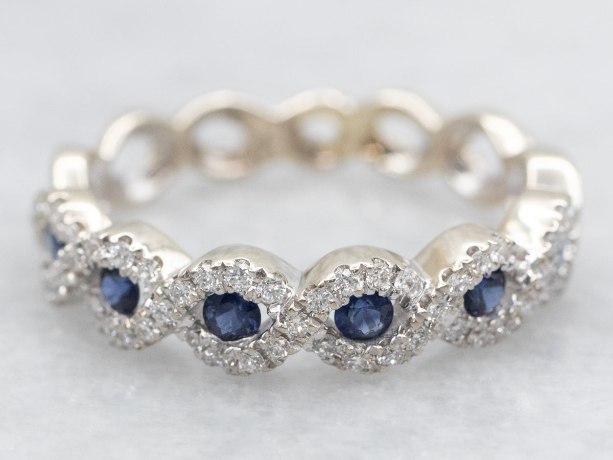 Twisting Halo White Gold Sapphire and Diamond Band