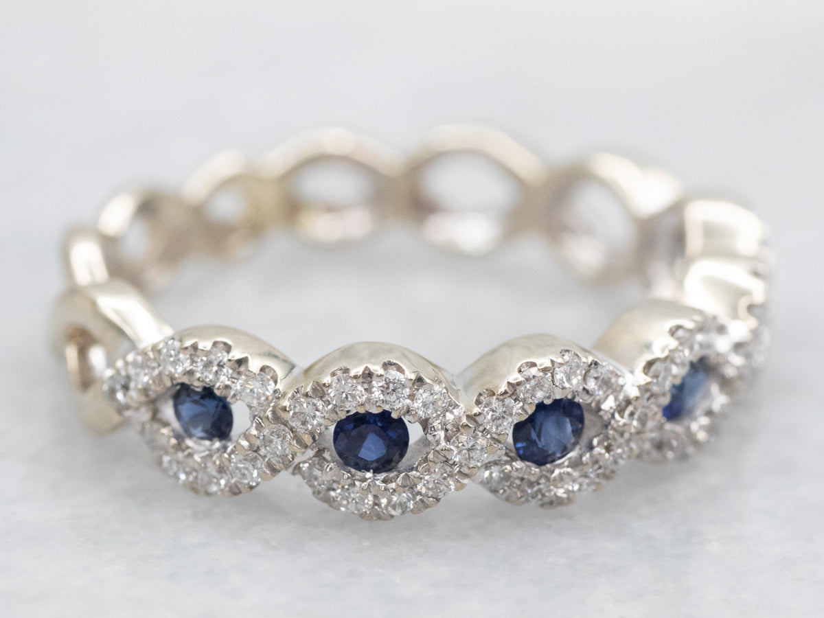 Twisting Halo White Gold Sapphire and Diamond Band