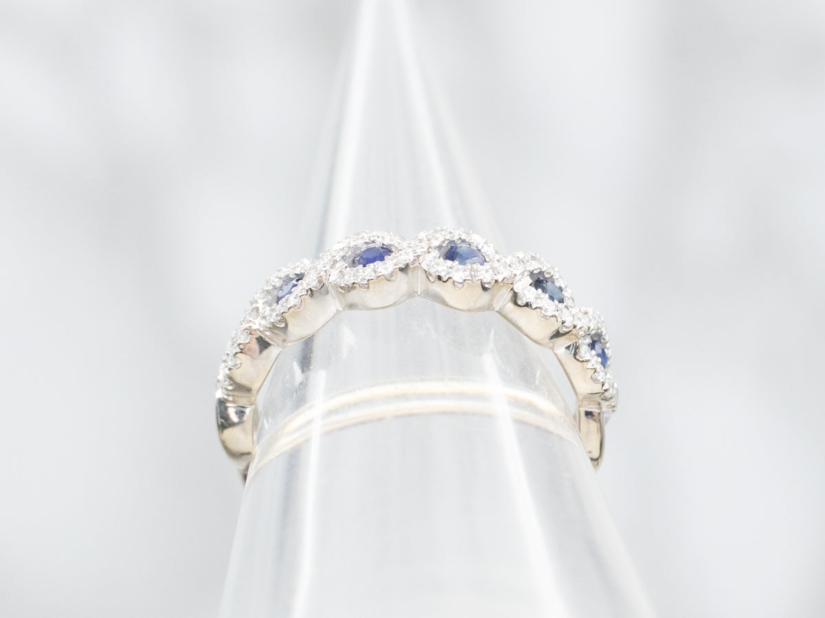 Twisting Halo White Gold Sapphire and Diamond Band