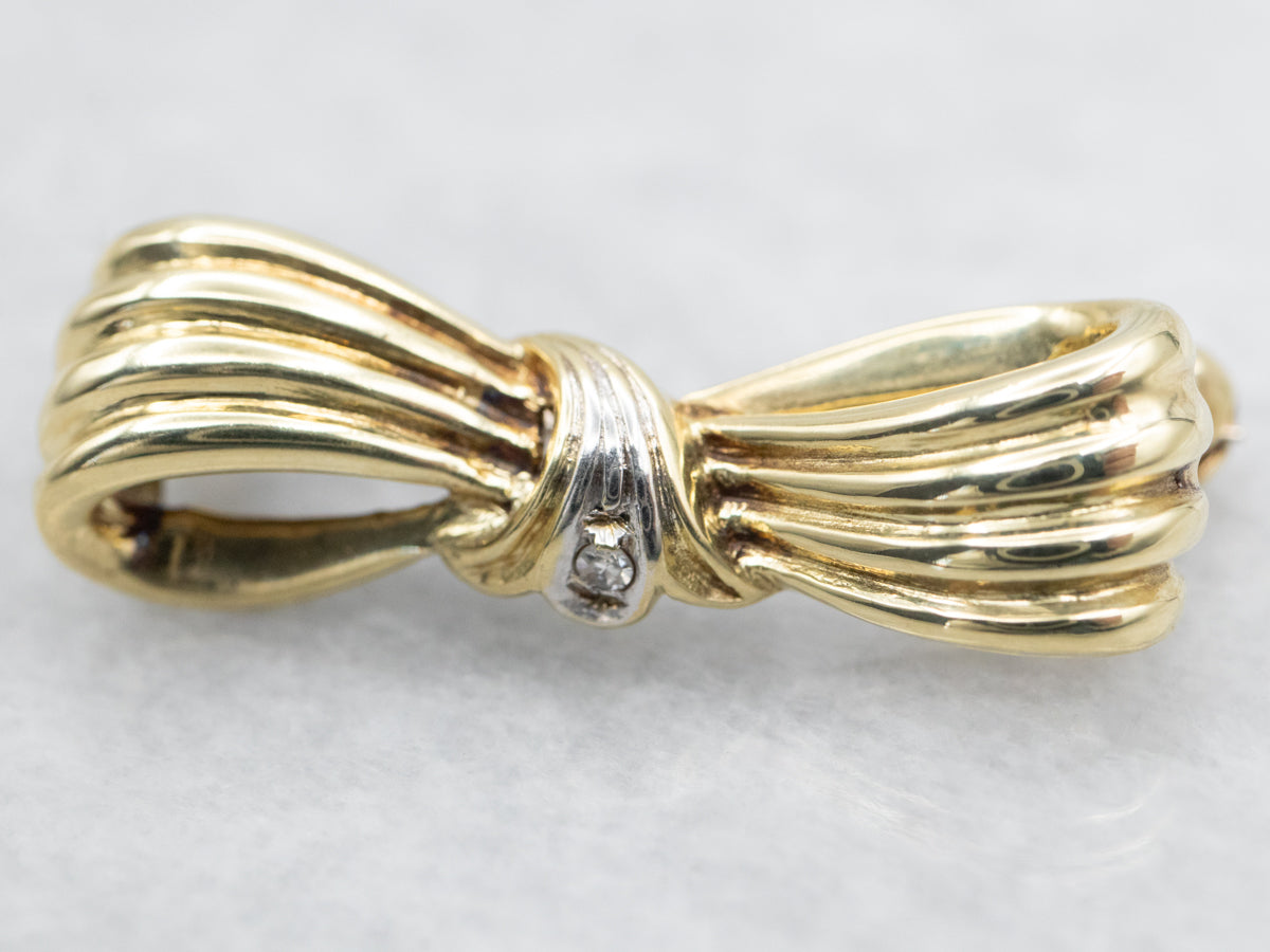 Retro Era Bow Brooch with Diamond Center