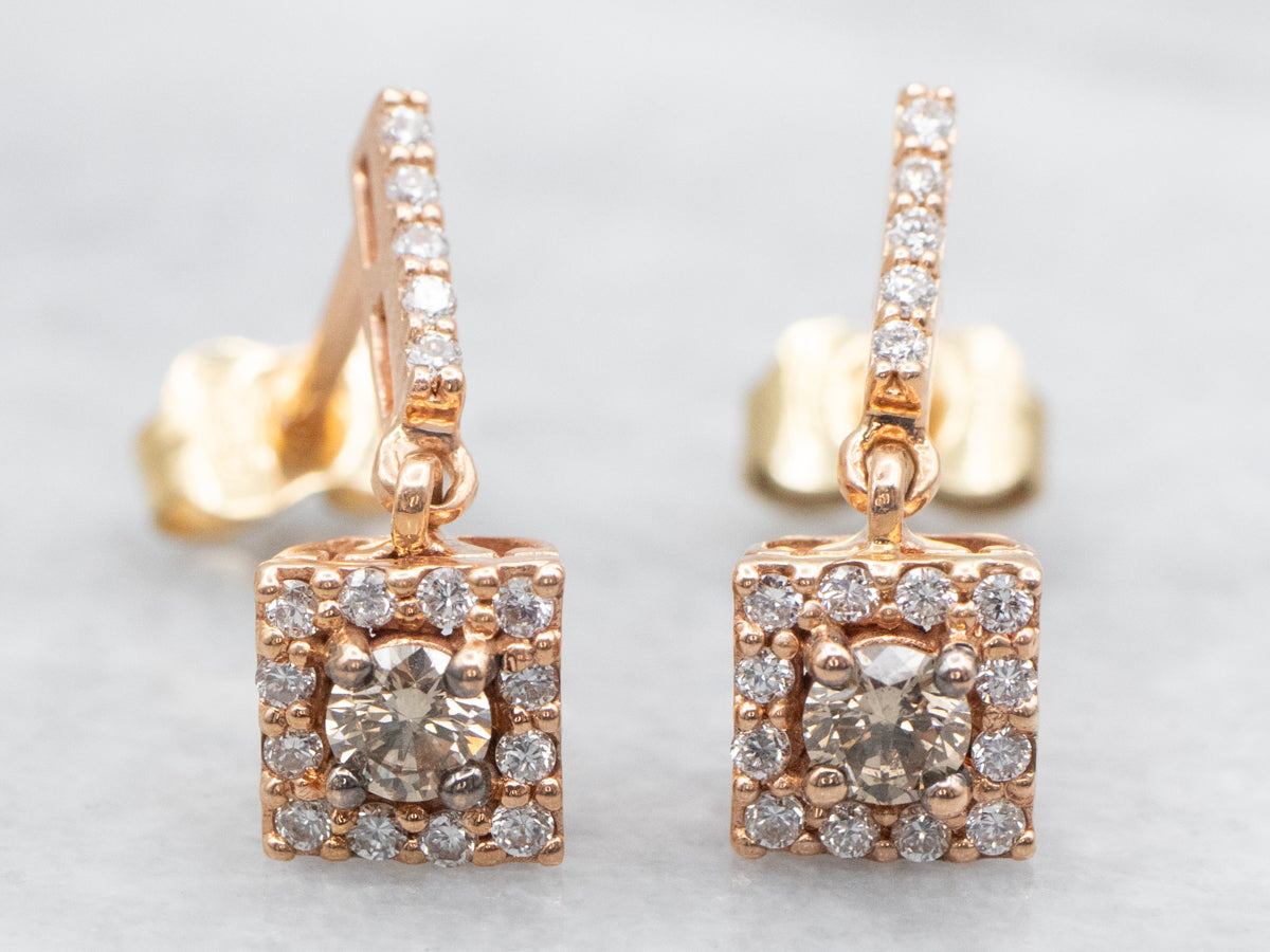 Rose Gold Chocolate Diamond Halo Drop Earrings