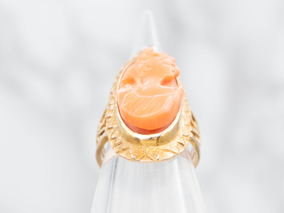 Victorian Revival Carved Coral Cameo and Diamond Ring