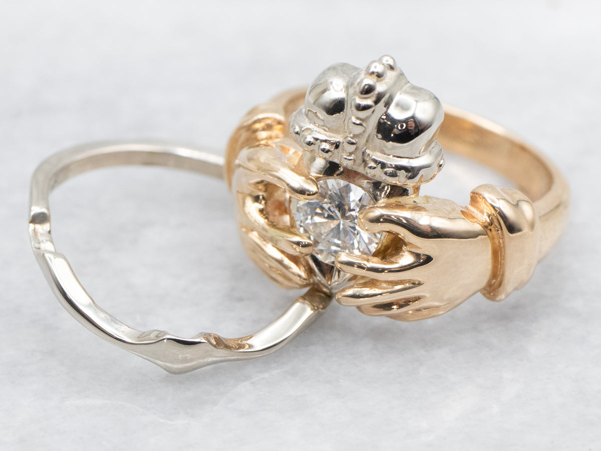 Stunning Diamond Claddagh Engagement Ring and Bridal Set