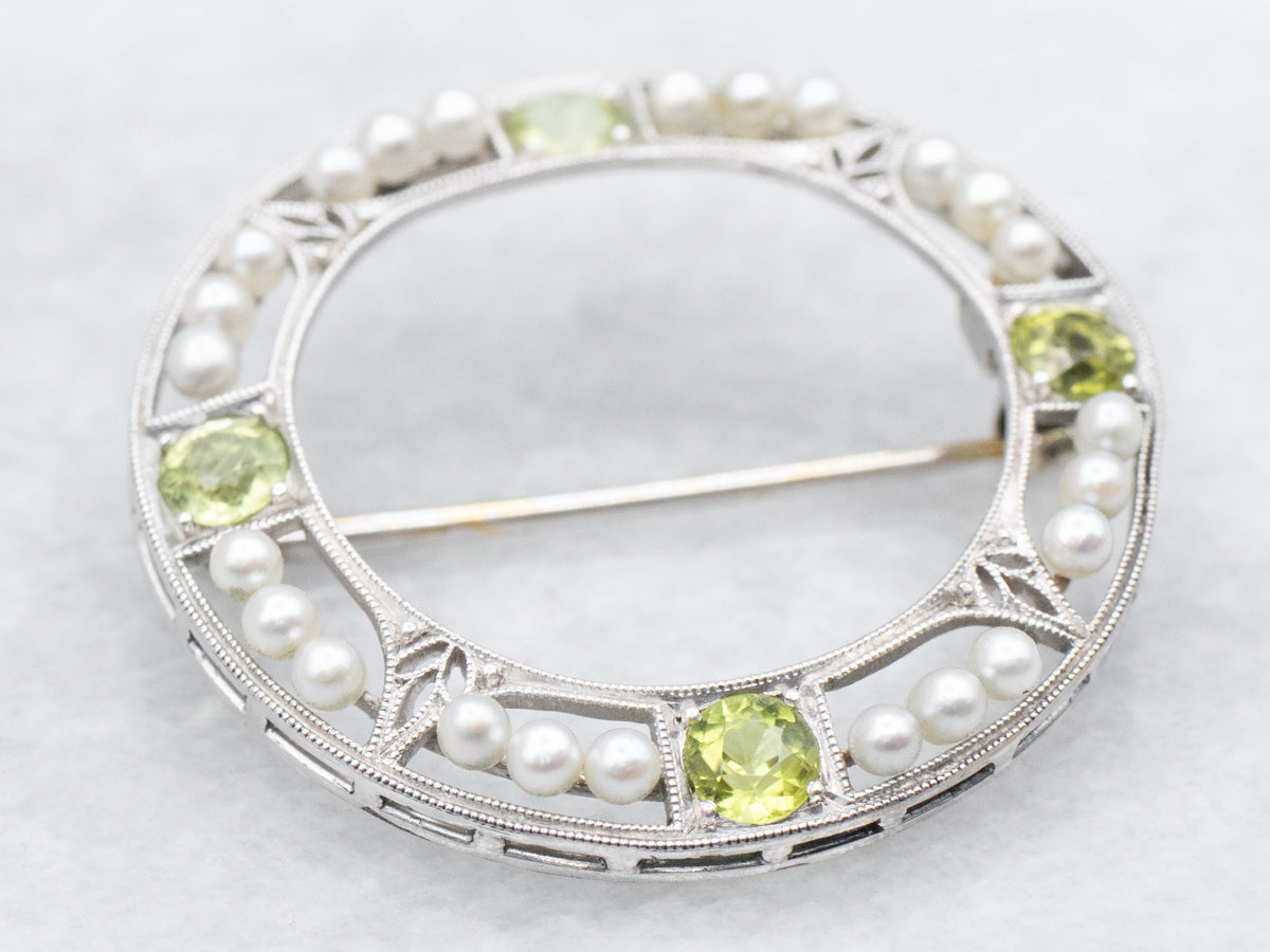 Peridot and Seed Pearl Round Brooch