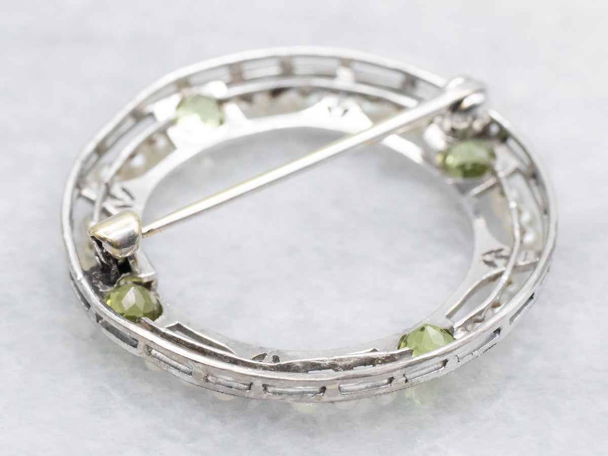 Peridot and Seed Pearl Round Brooch