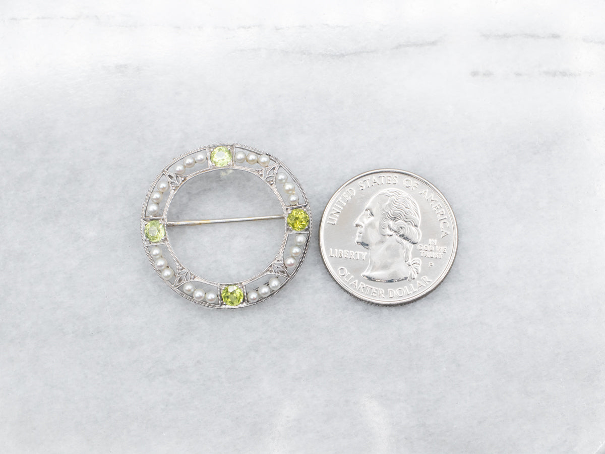 Peridot and Seed Pearl Round Brooch