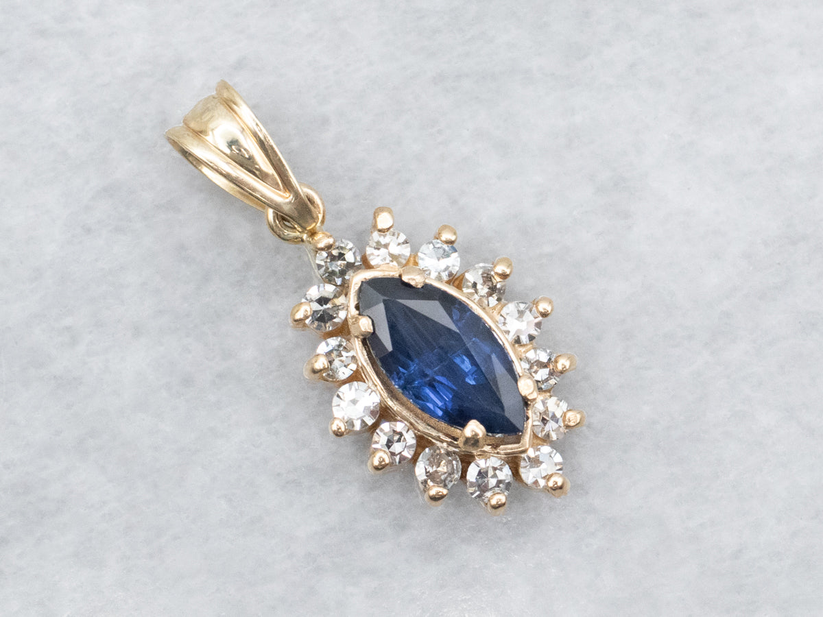 Marquise Cut Sapphire and Diamond Halo Pendant