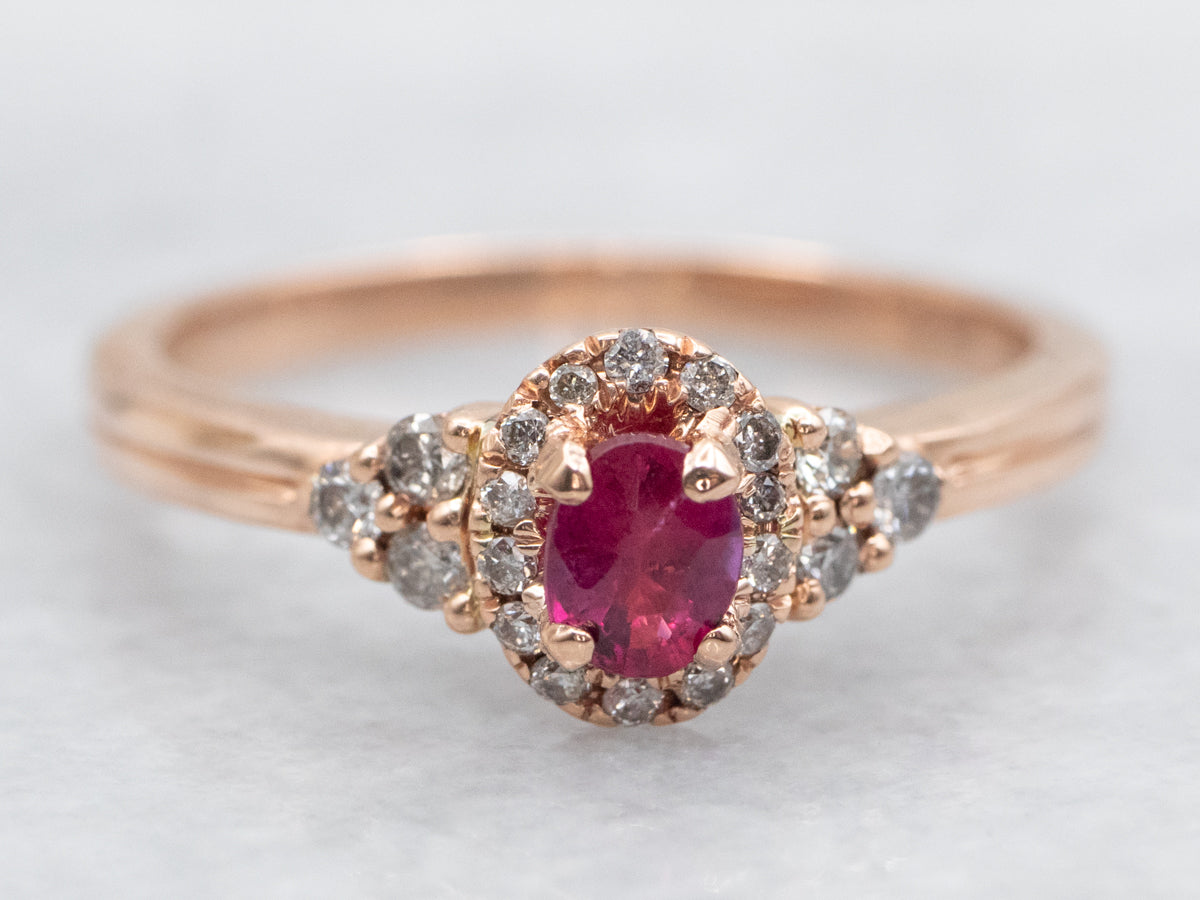 Modern Rose Gold Ruby and Diamond Halo Ring