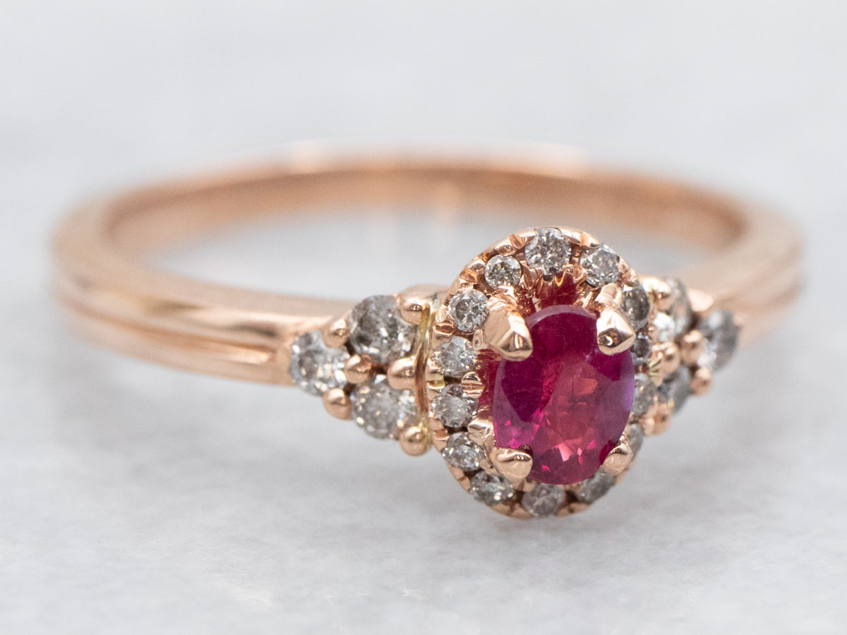 Modern Rose Gold Ruby and Diamond Halo Ring