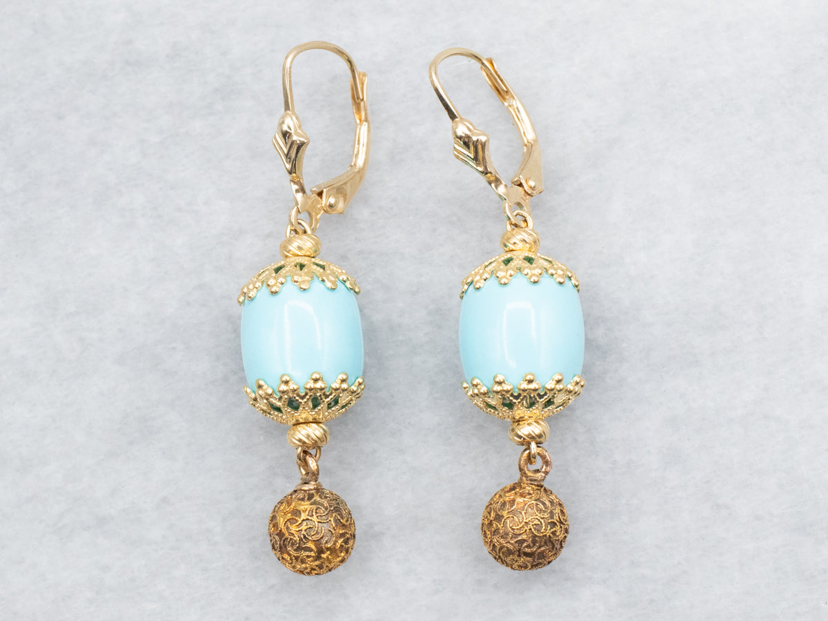 Yellow Gold Turquoise Bead Drop Earrings