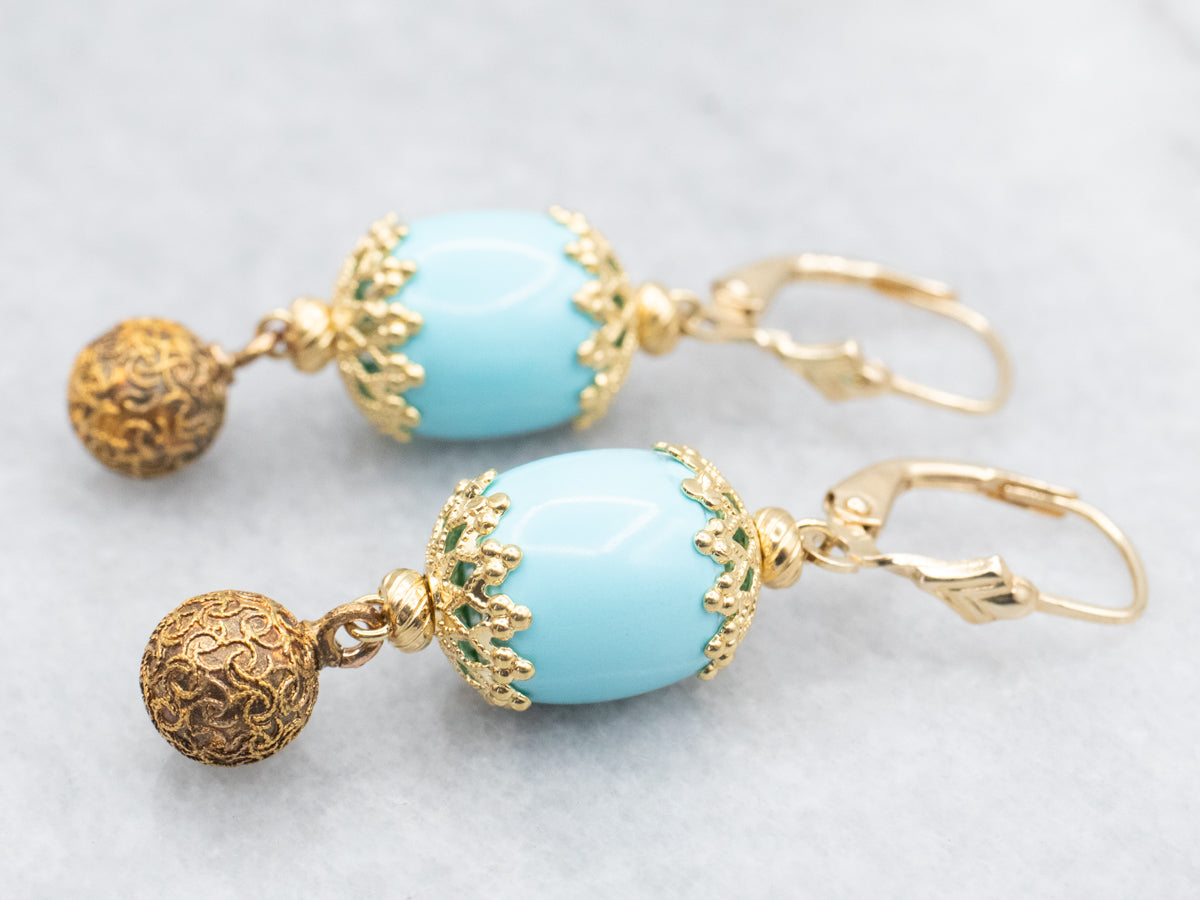 Yellow Gold Turquoise Bead Drop Earrings