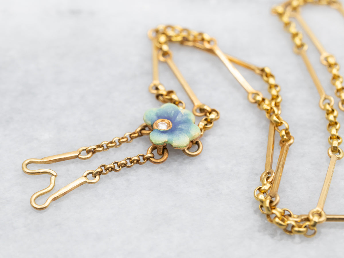 Rolo and Bar Link Enamel Flower and Diamond Necklace