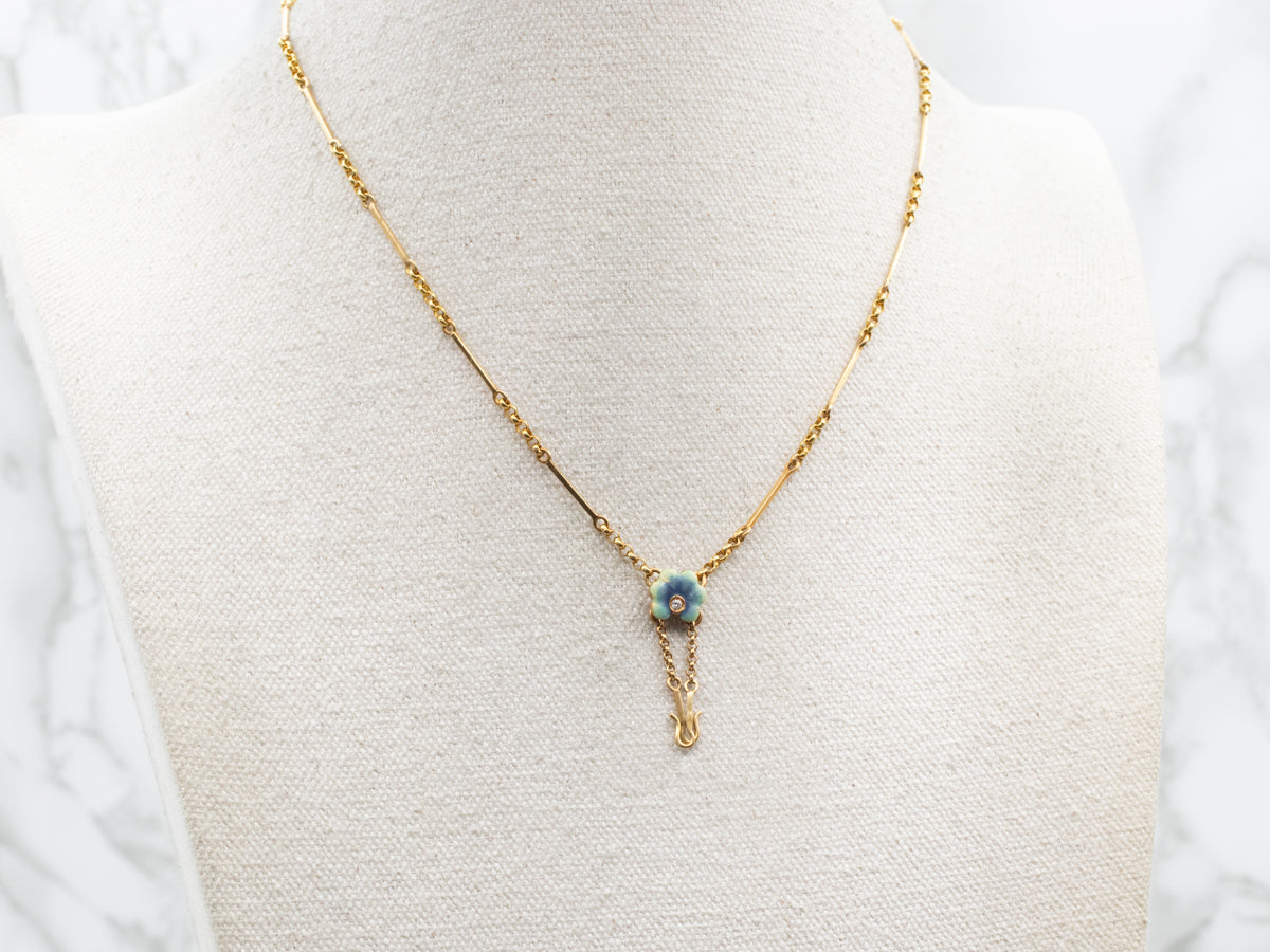 Rolo and Bar Link Enamel Flower and Diamond Necklace