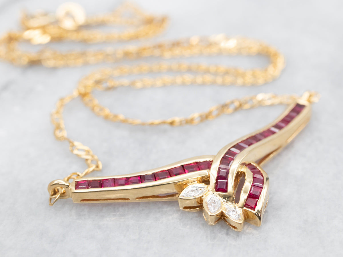 Square Cut Ruby and Diamond Necklace