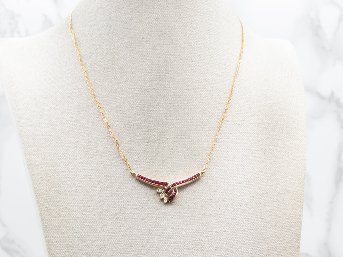 Square Cut Ruby and Diamond Necklace