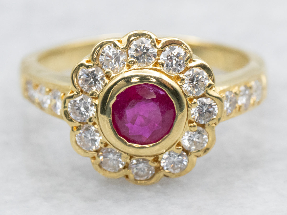 Modern Bezel Set Ruby and Diamond Halo Ring