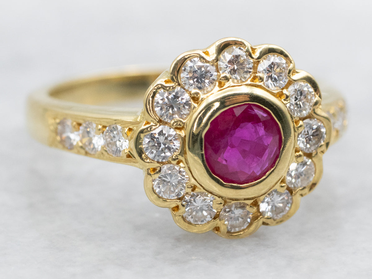 Modern Bezel Set Ruby and Diamond Halo Ring