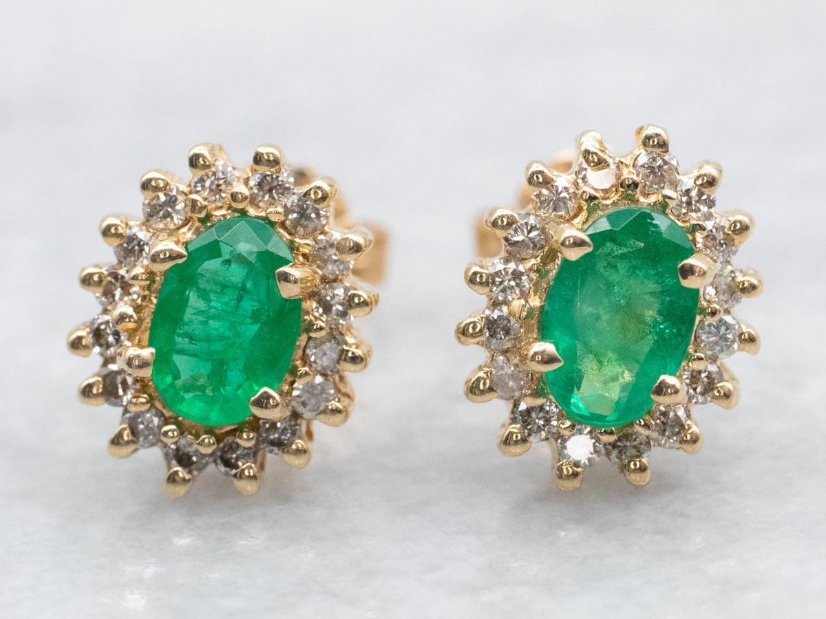 Emerald and Diamond Halo Stud Earrings