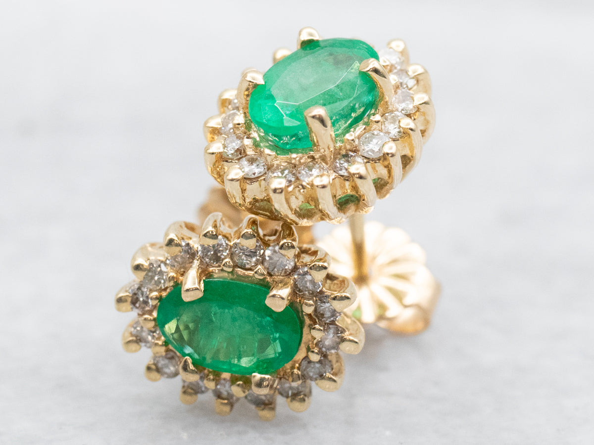 Emerald and Diamond Halo Stud Earrings