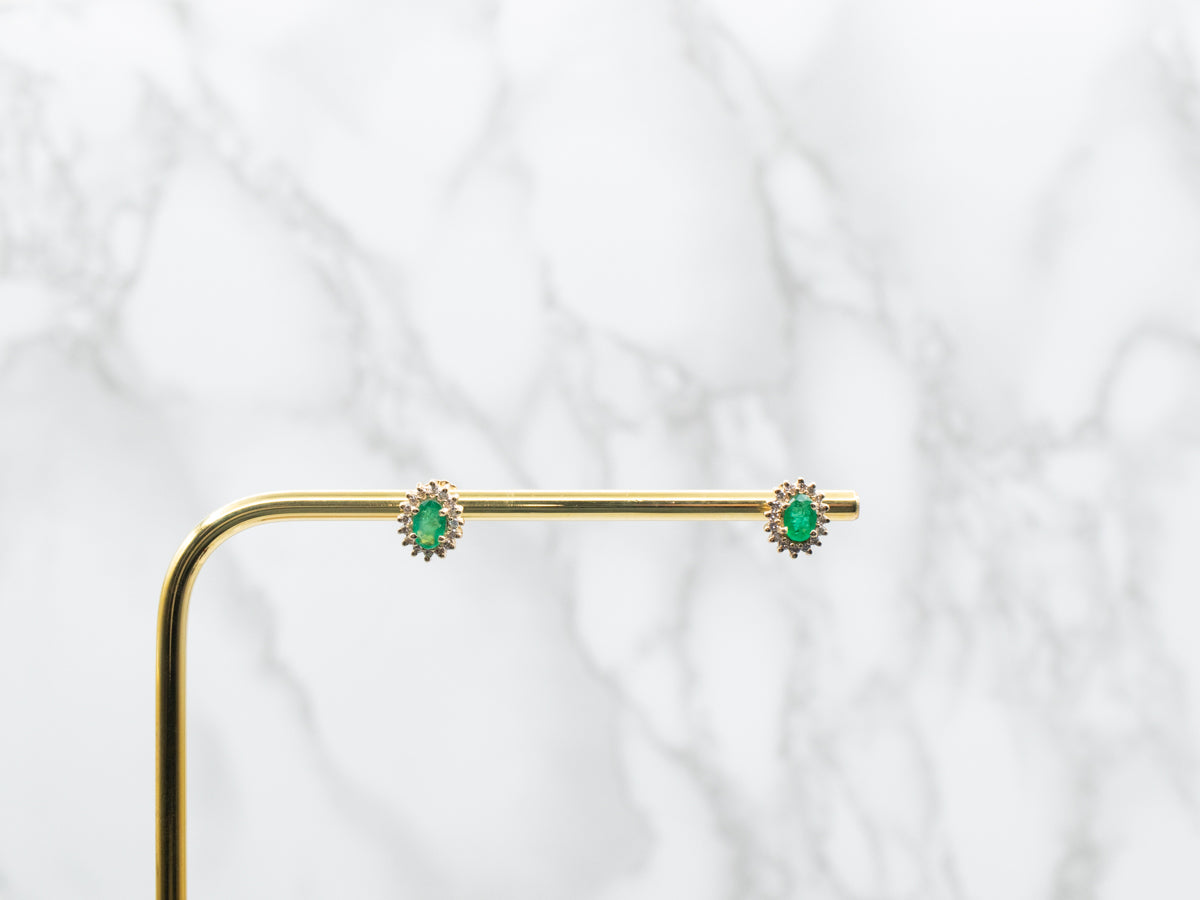 Emerald and Diamond Halo Stud Earrings