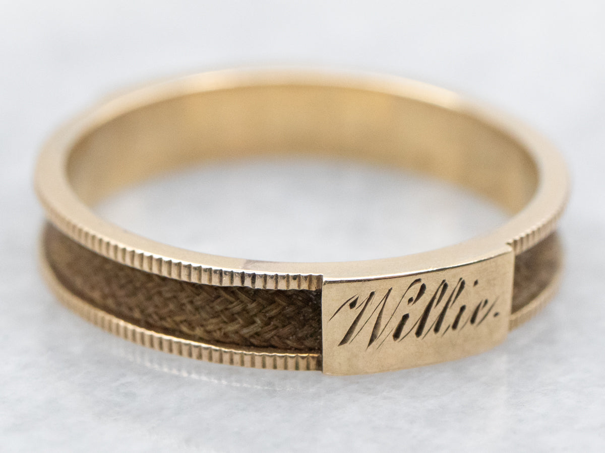 Victorian "Willie P.C." Engraved Band with Braided Hair Inlay