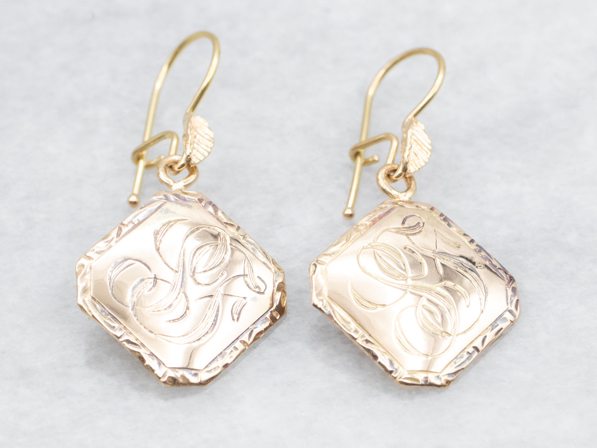 &quot;SF&quot; Engraved Cufflink Conversion Drop Earrings