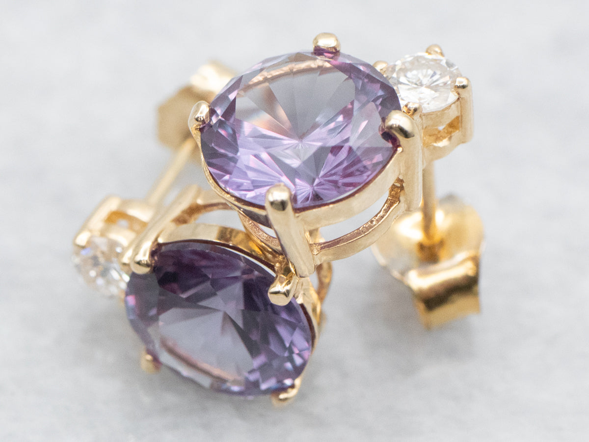 Synthetic Alexandrite and Diamond Stud Earrings