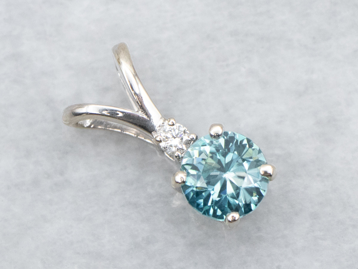 Blue Zircon and Diamond Pendant