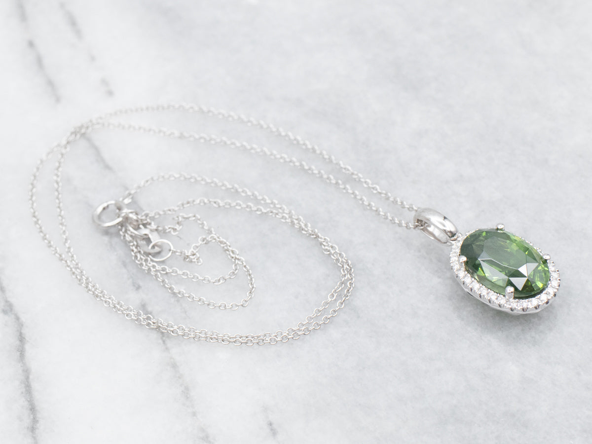 Green Zircon and Diamond Halo Pendant on Cable Chain