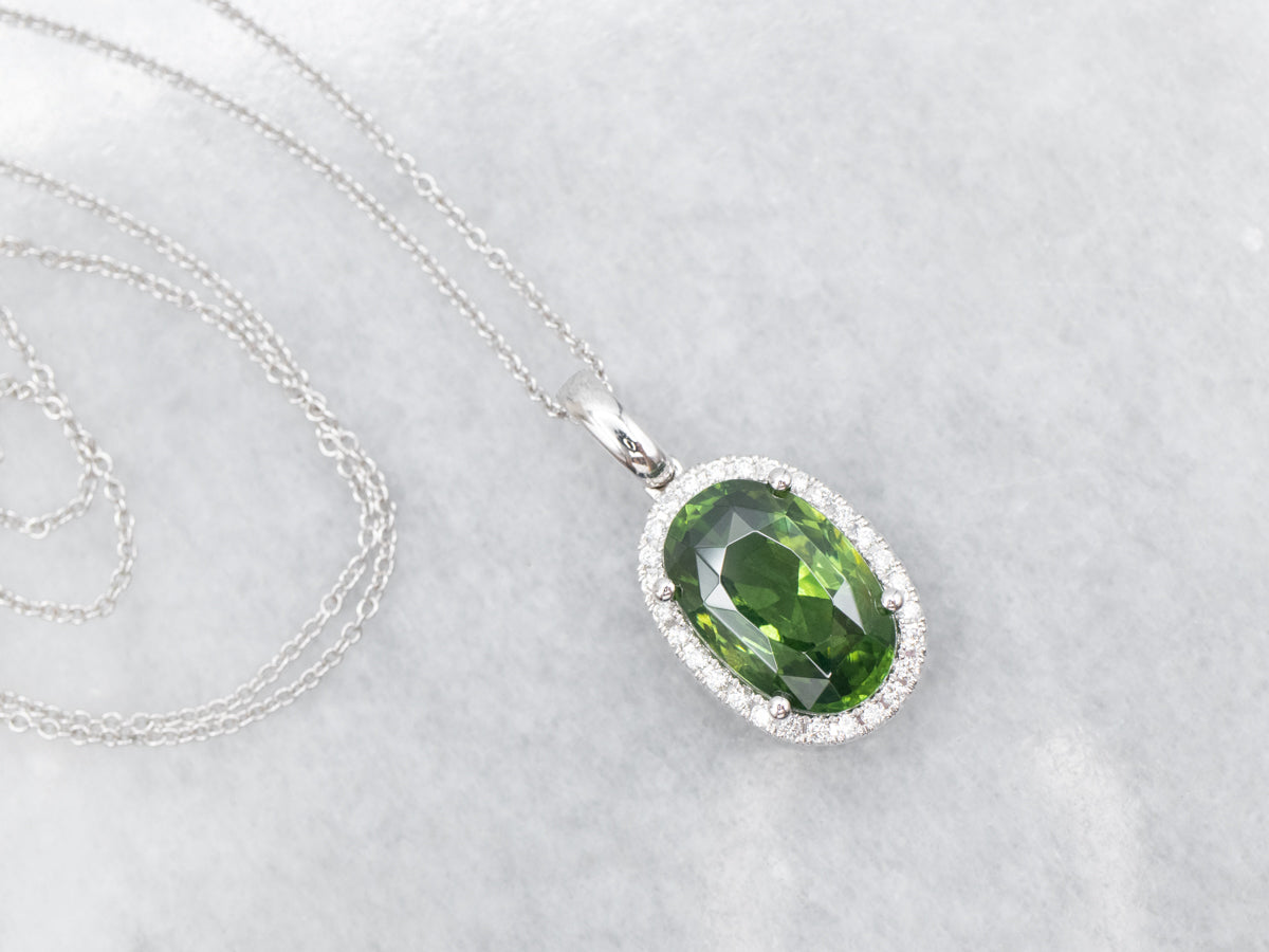 Green Zircon and Diamond Halo Pendant on Cable Chain