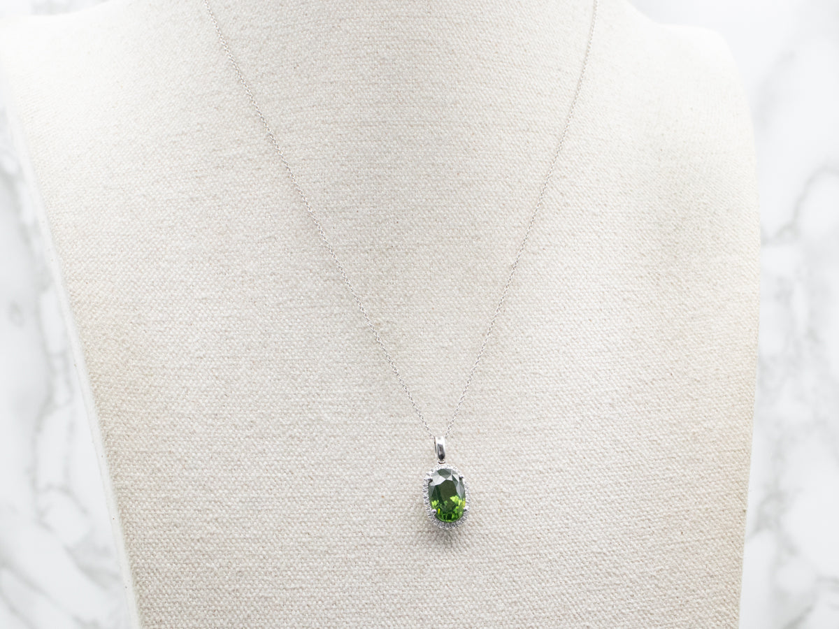 Green Zircon and Diamond Halo Pendant on Cable Chain