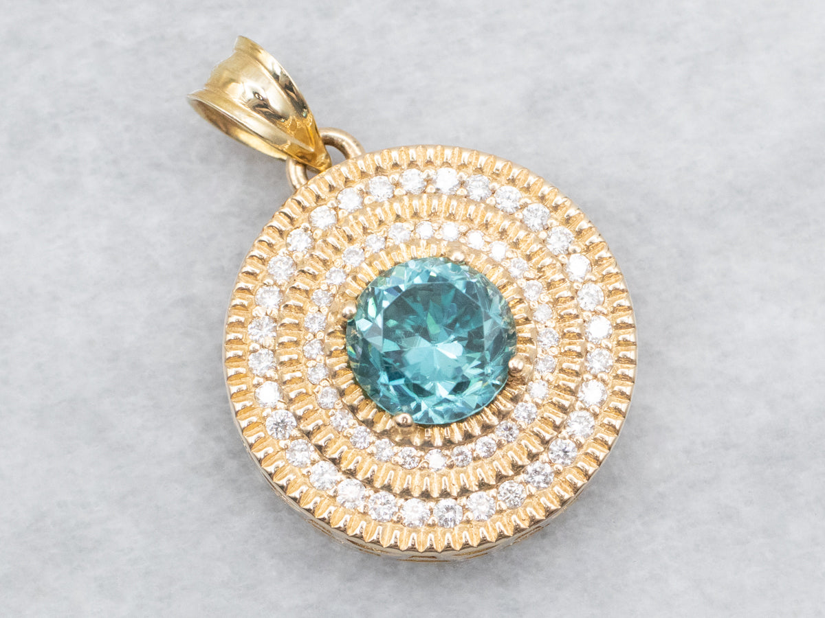 Blue Zircon Pendant with Double Diamond Halo