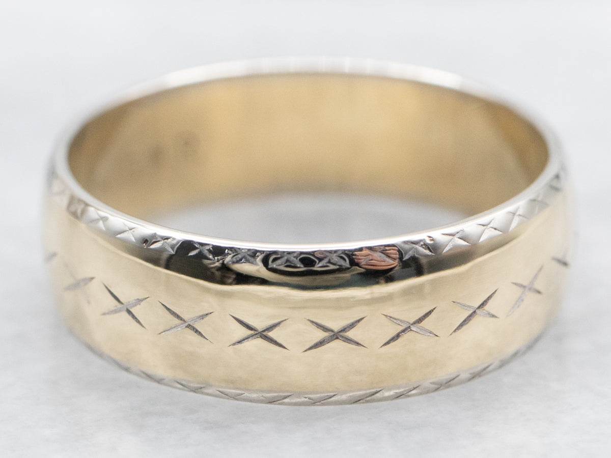 Two Tone Wedding Band with X Pattern