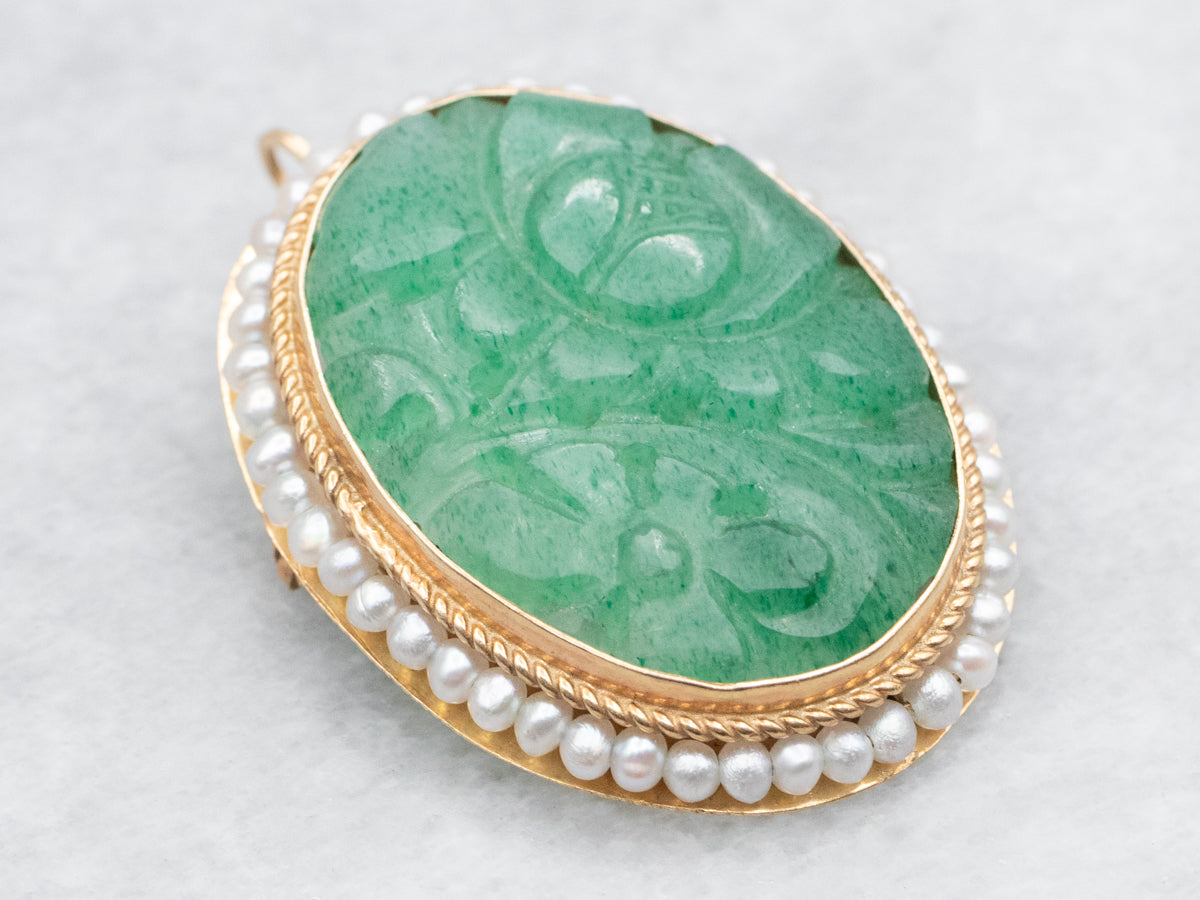 Carved Jadeite and Seed Pearl Brooch or Pendant