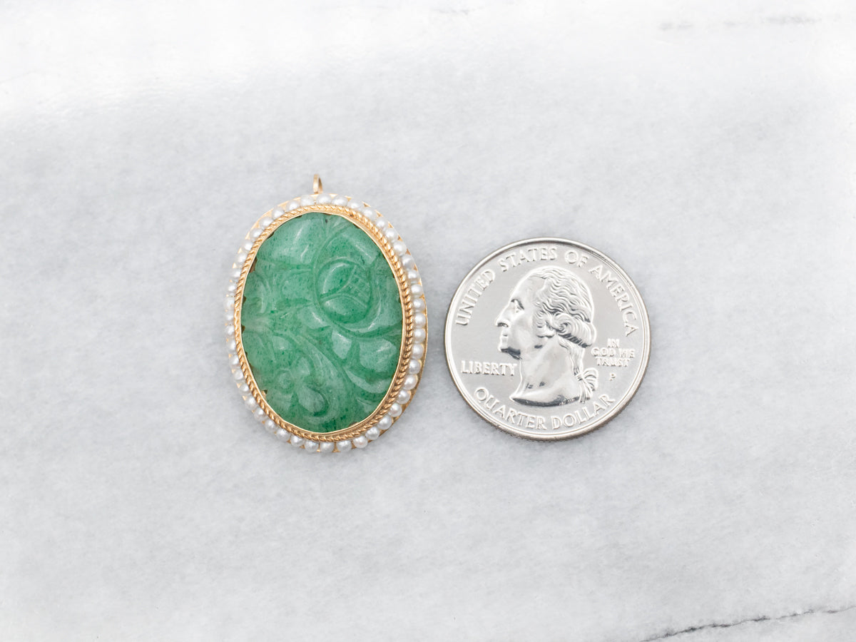 Carved Jadeite and Seed Pearl Brooch or Pendant