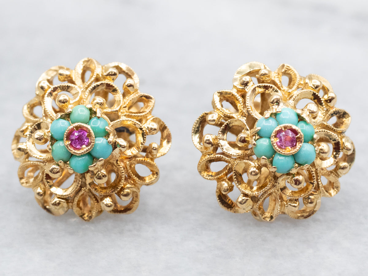 Turquoise and Pink Sapphire Stud Earrings