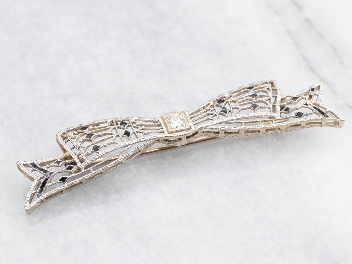 European Cut Diamond and Black Enamel Bow Brooch