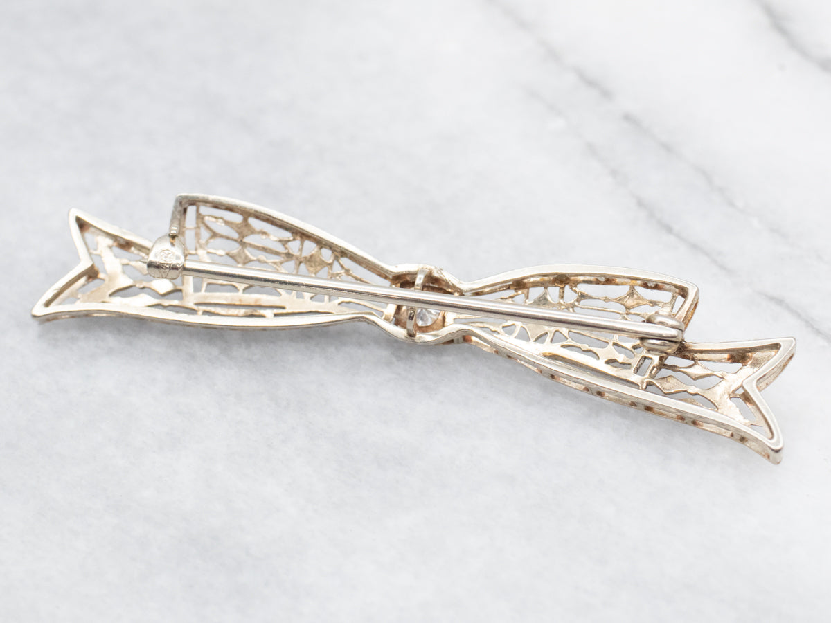 European Cut Diamond and Black Enamel Bow Brooch