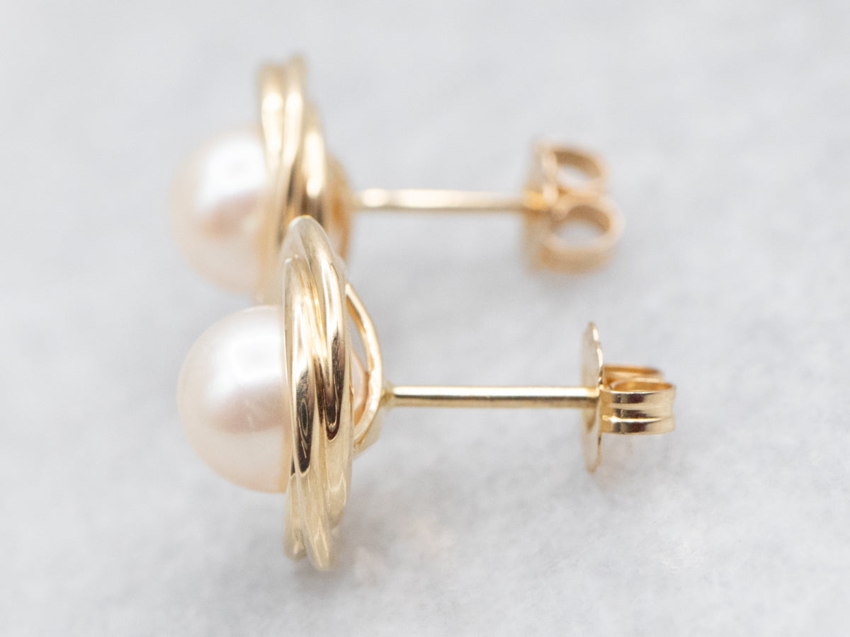 Saltwater Pearl Stud Earrings with Twisted Frame